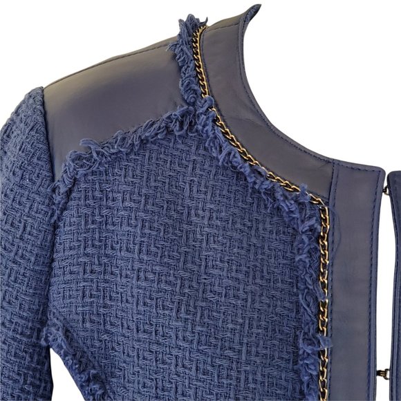 Saks Fifth Avenue Women's M Blue Leather Trim Cotton Waffle Weave Lined Jacket - Picture 3 of 12